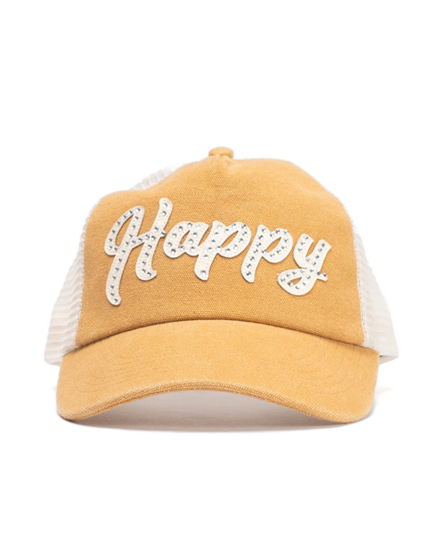 Leather Studded "Happy" Script Snapback - Toasted Peanut / Bone