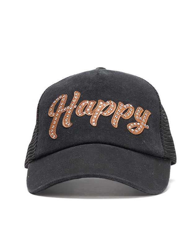 Leather Studded "Happy" Script Snapback - Black